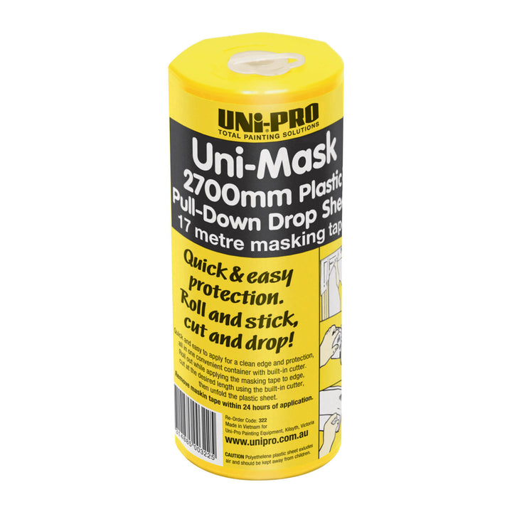 UNi-PRO Uni-Mask Masking Tape and Pull-Down Plastic Drop Sheet & Refill Range