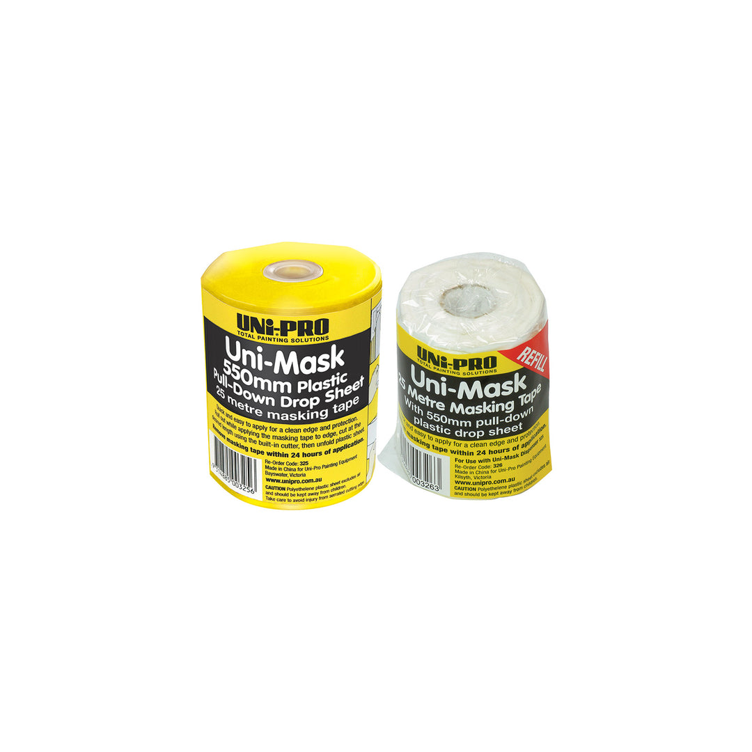 UNi-PRO Uni-Mask Masking Tape & Pull-Down Plastic Drop Sheet With Refill Range